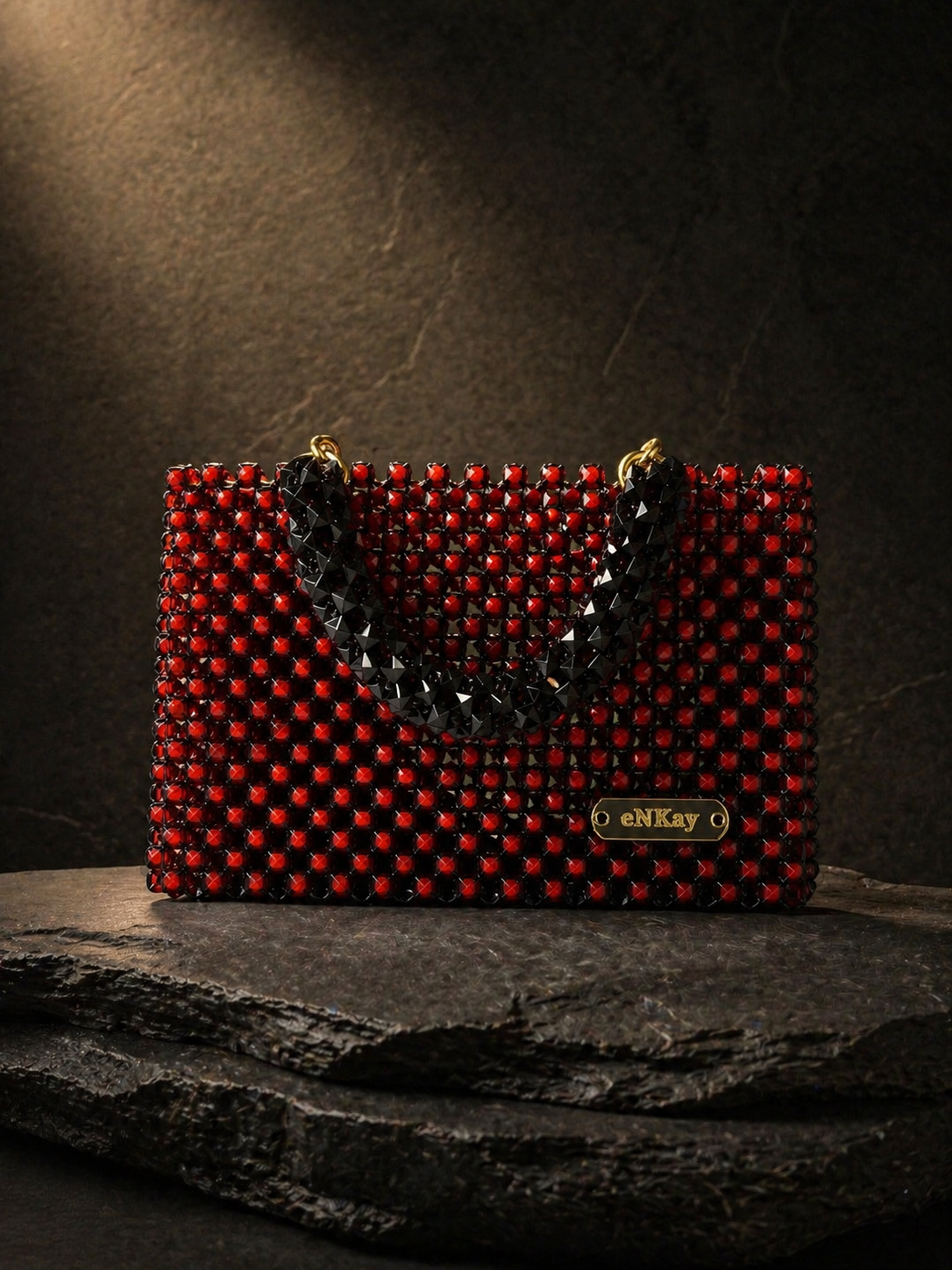 Vellure Box Bag — red and black geometric beaded bag